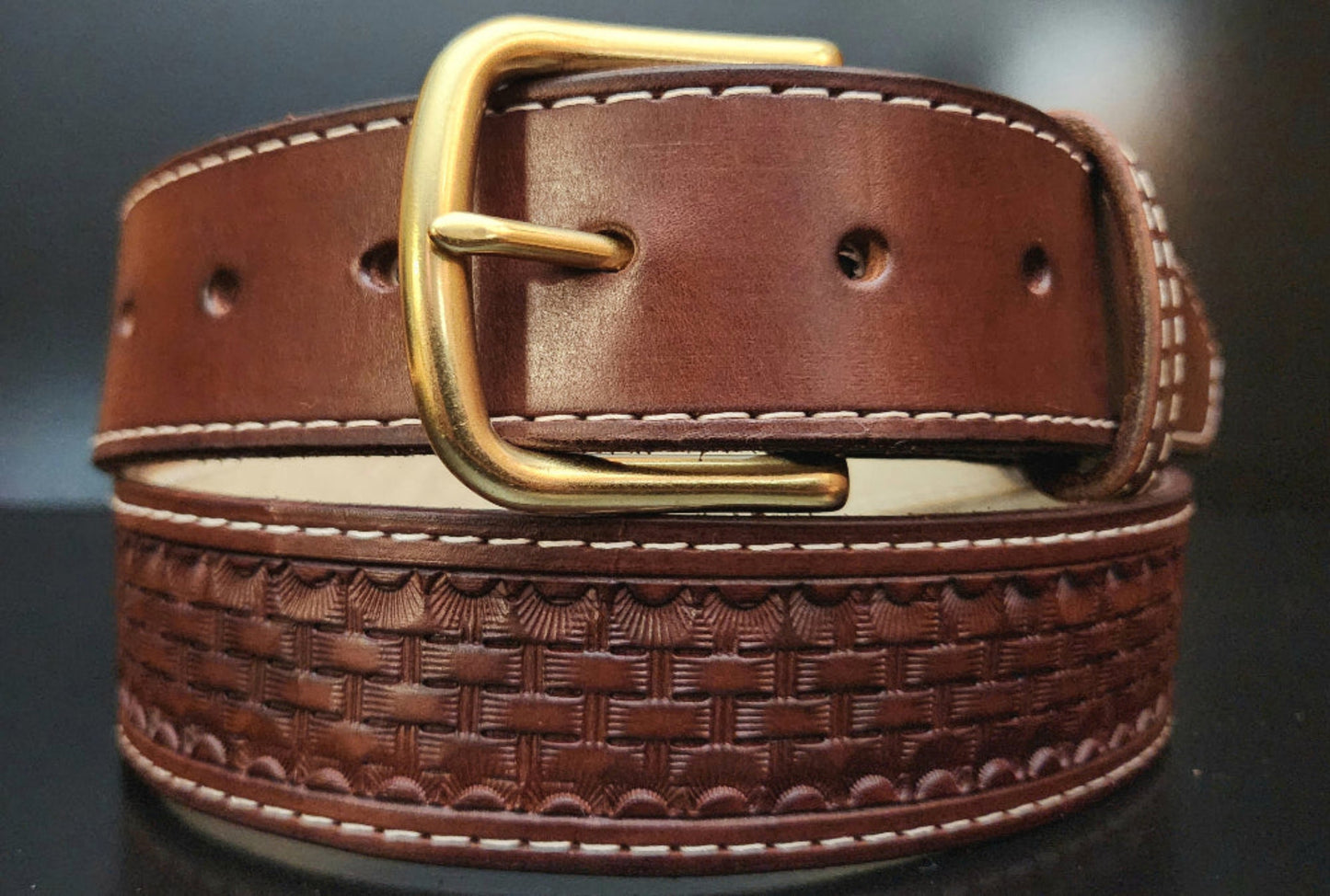 Basket Weave Stamped Leather Belt