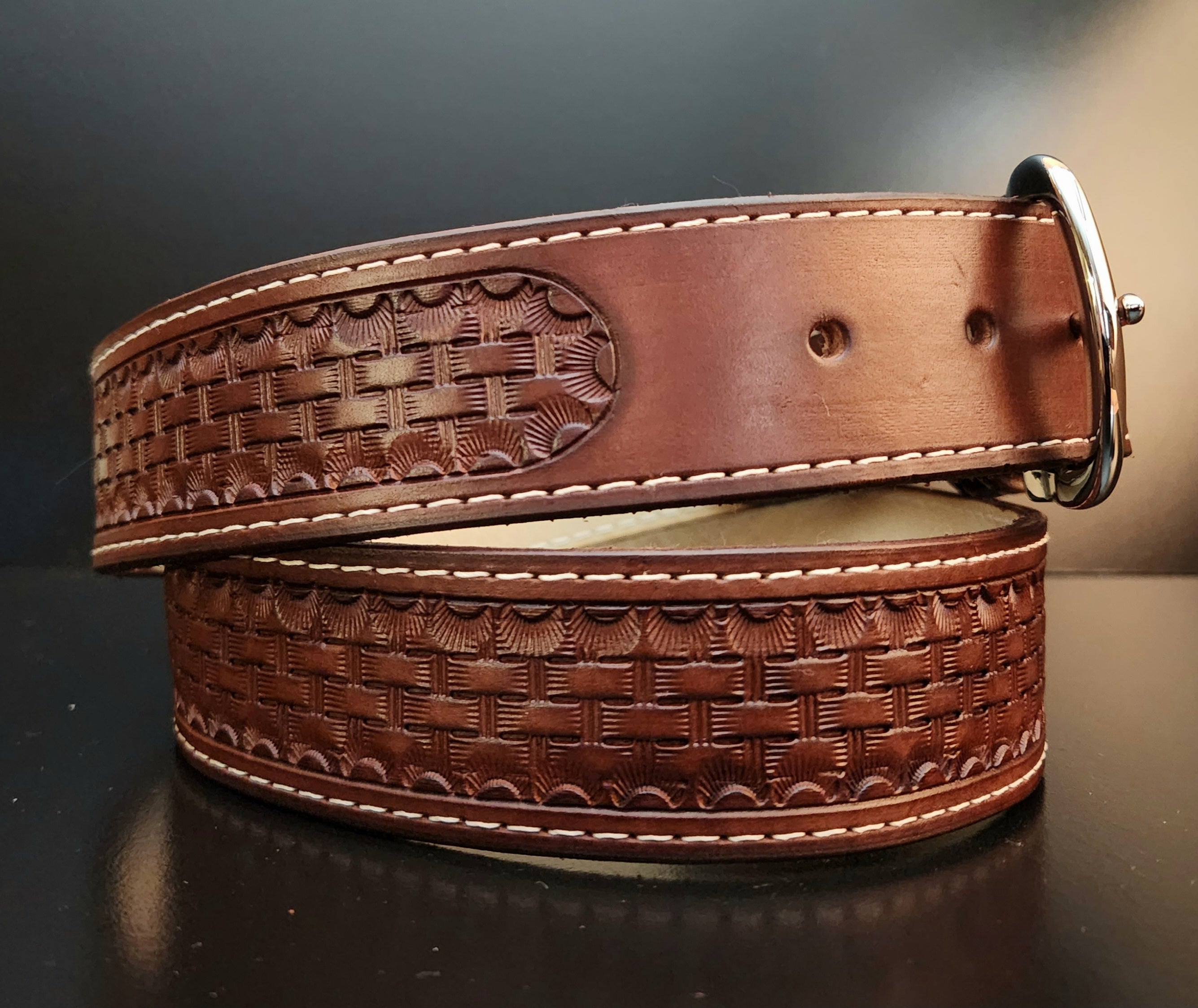 Basketweave stamped leather cheapest work belt.