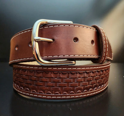 Basket Weave Stamped Dark Brown Leather Belt