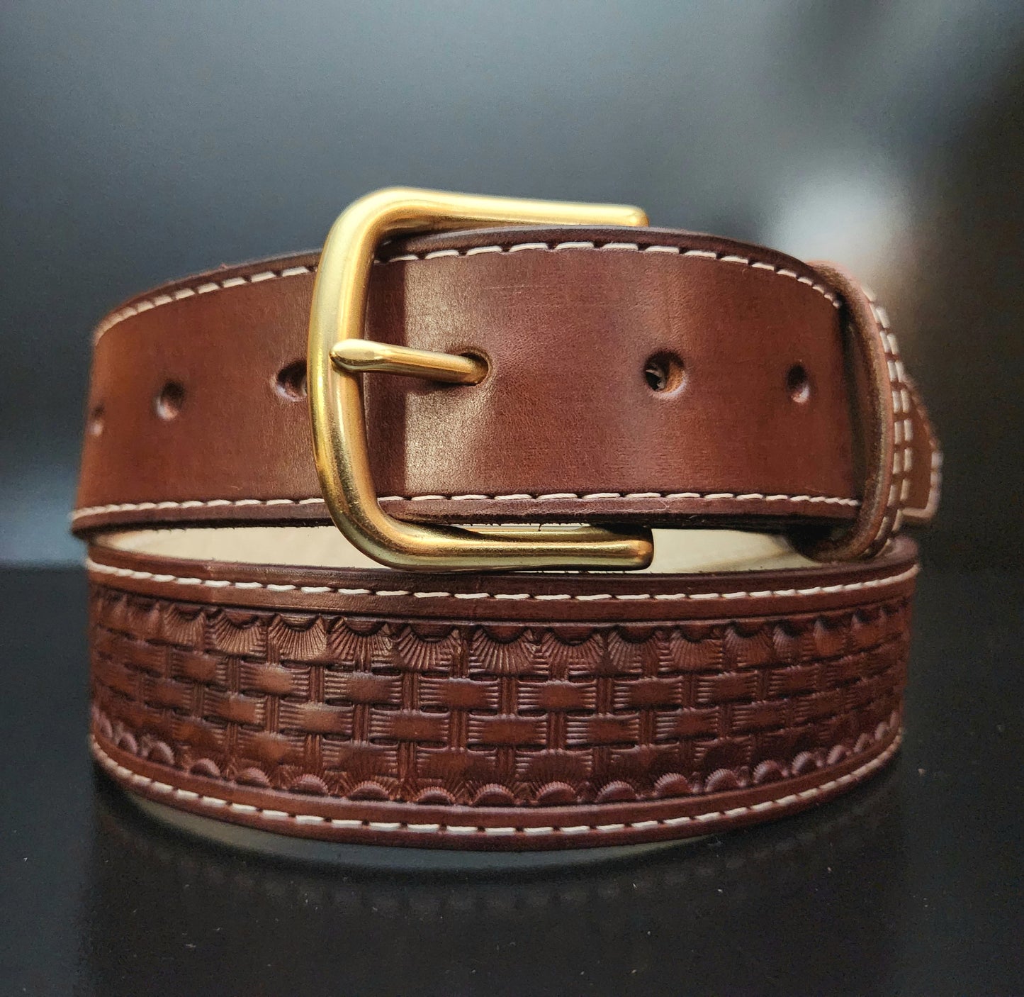 Basket Weave Stamped Dark Brown Leather Belt